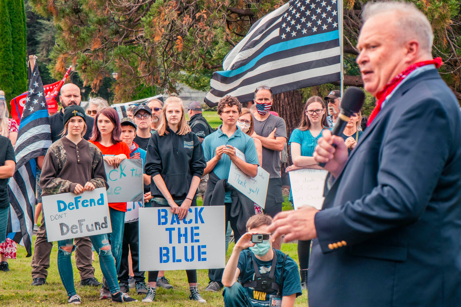 FILE PHOTO — Republican 19th District Rep. Jim Walsh speaks to demonstrators during a rally in support of law enforcement last August in Olympia.